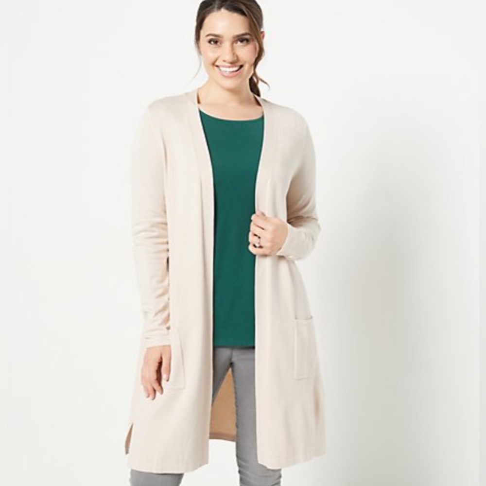 Belle by Kim Gravel feather knit open duster cardigan in cream size small.